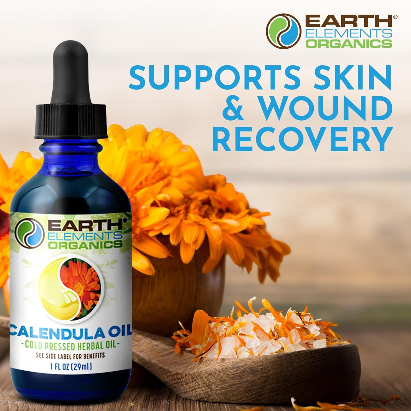 Calendula Oil with Sunflower Oil, Herbal Remedy for Cuts, Scrapes, Rashes, Chapped or Damaged Skin, Ideal for Irritated Areas, Organic Skincare for All Skin Types - 1 fl oz