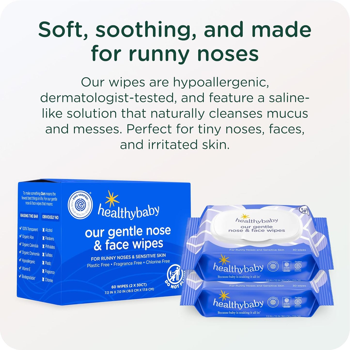 HealthyBaby Our Gentle Nose & Face Wipes | EWG Verified Safe | Soothing for Runny Noses & Sensitive Skin | Plastic-Free, Fragrance Free, Totally Chroline Free (6 boxes, 360 wipes)