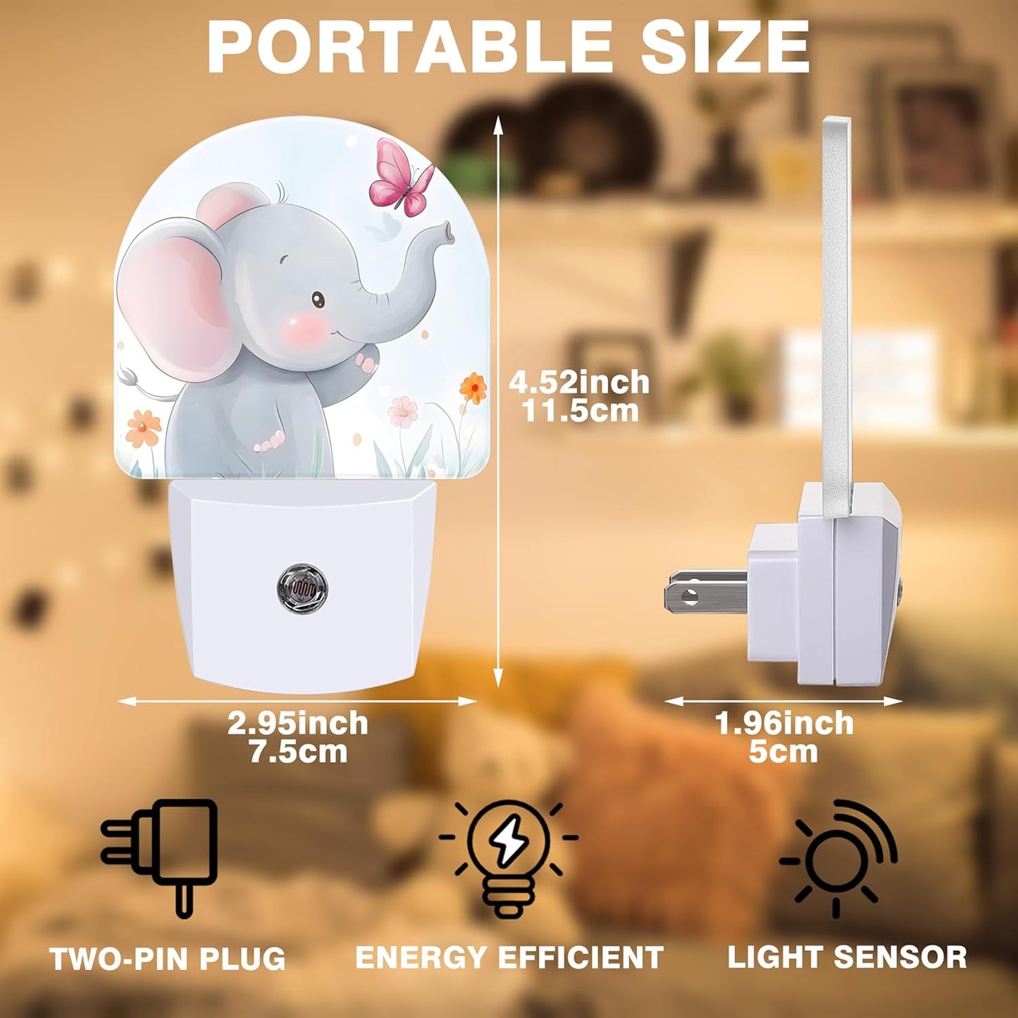 Floral Night Lights Plug into Wall Cute Elephant and Pink Butterfly Night Light Dusk to Dawn Smart Sensor Decorative Round Led Lamp for Bedroom Kitchen Hallway Nightlight for Women Men
