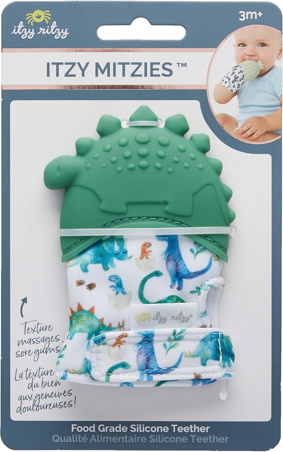 Itzy Ritzy Silicone Teething Mitt - Soothing Infant Teething Mitten with Adjustable Strap, Crinkle Sound & Textured Silicone to Soothe Sore & Swollen Gums - for Ages 3 Months & Up (Green Dinosaur)
