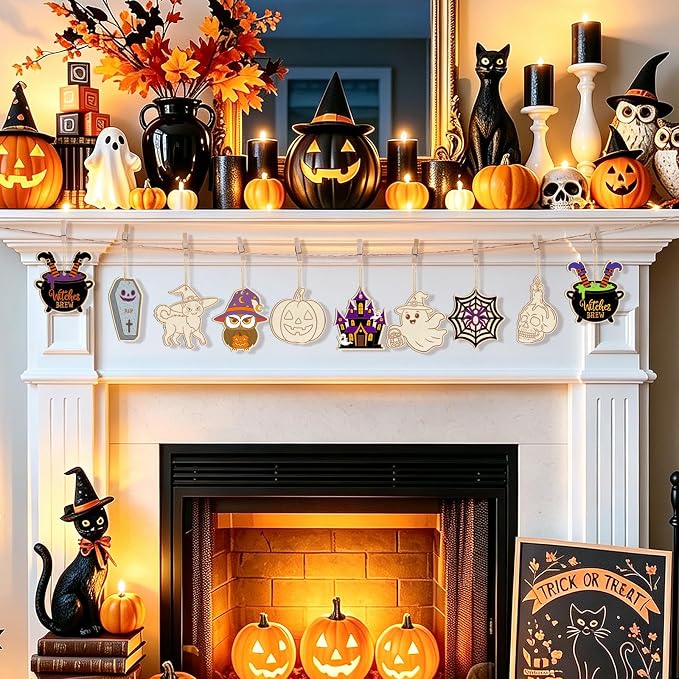 36PCS Wooden Halloween Ornaments to Paint Fall Decorations Crafts