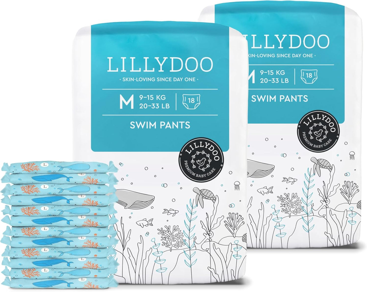 LILLYDOO Baby Swim Diapers - Size Medium (20-33 lbs), Half-Monthly Supply (36 Count), Blue Whales Design, Skin-Friendly, Perfume- & Chlorine-Free, Hypoallergenic, Dermatologist Tested, Oeko-TEX®