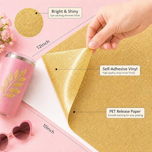 Glitter Permanent Vinyl, 8 Pack 12" x 10" Sparkle Glitter Adhesive Vinyl Sheets