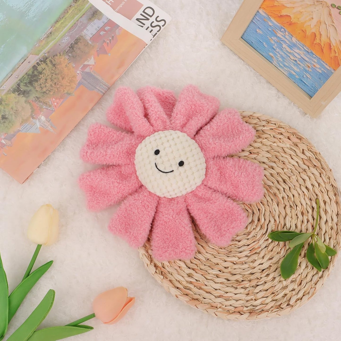 Apricot Lamb Baby Lovey Sunflower Soft Rattle Toy, Plush Stuffed Flowers for Newborn Soft Hand Grip Shaker Over 0 Months (Pink Sunflower, 8.5 Inches)