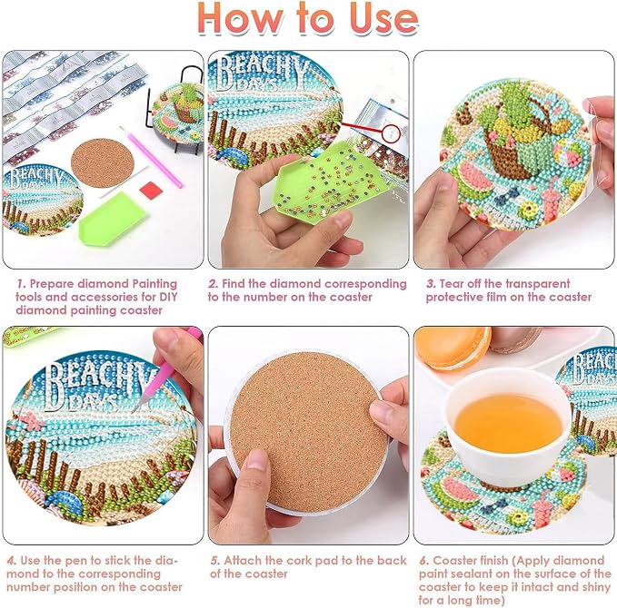 Benjenes 8 PCS Diamond Art Coasters Kits Beach Diamond Painting Coaster |