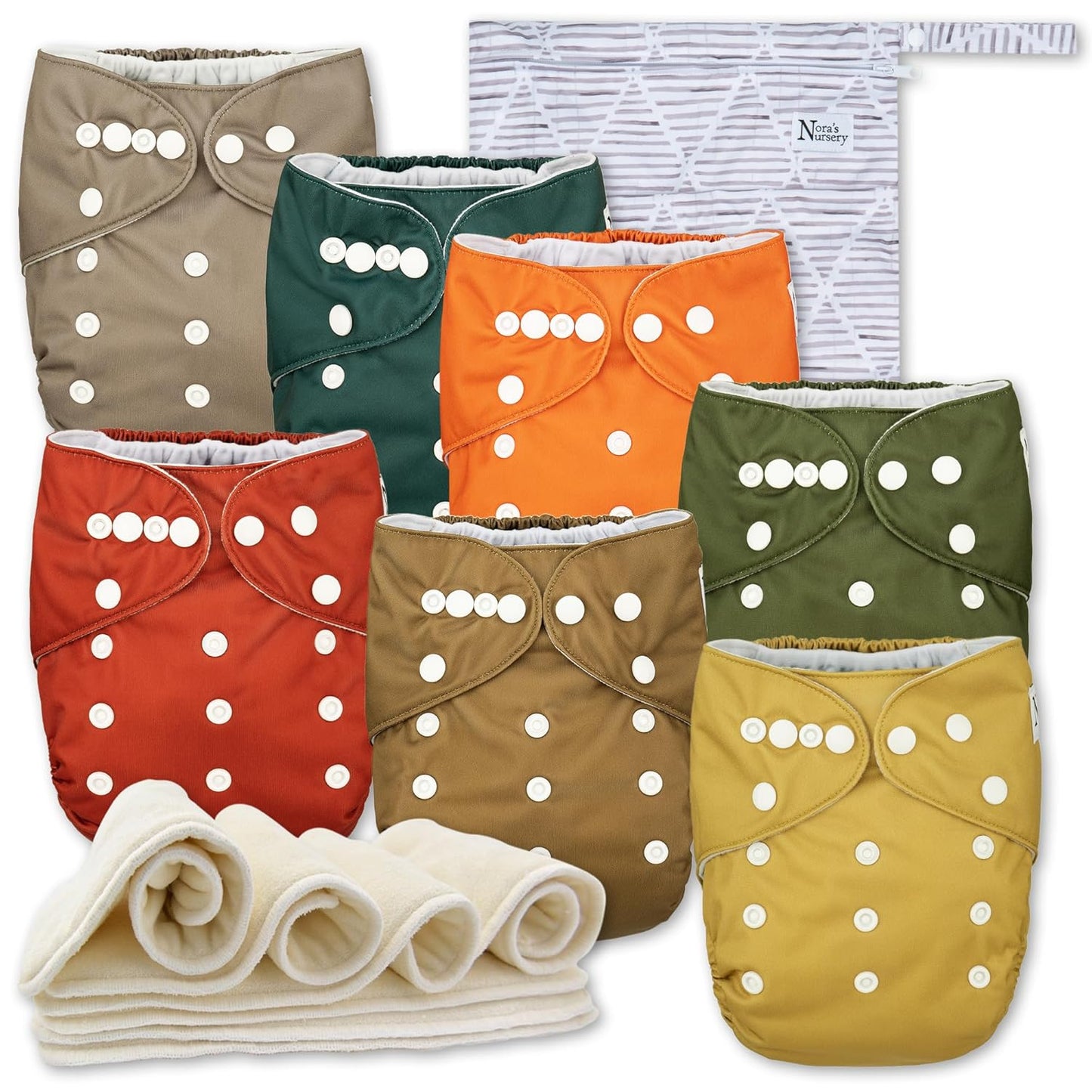 Nora's Nursery Cloth Diapers 7 Pack with 7 Inserts & 1 Wet Bag - Waterproof Cover, Washable, Reusable & One Size Adjustable Pocket Diapers for Newborns and Toddlers - Florence