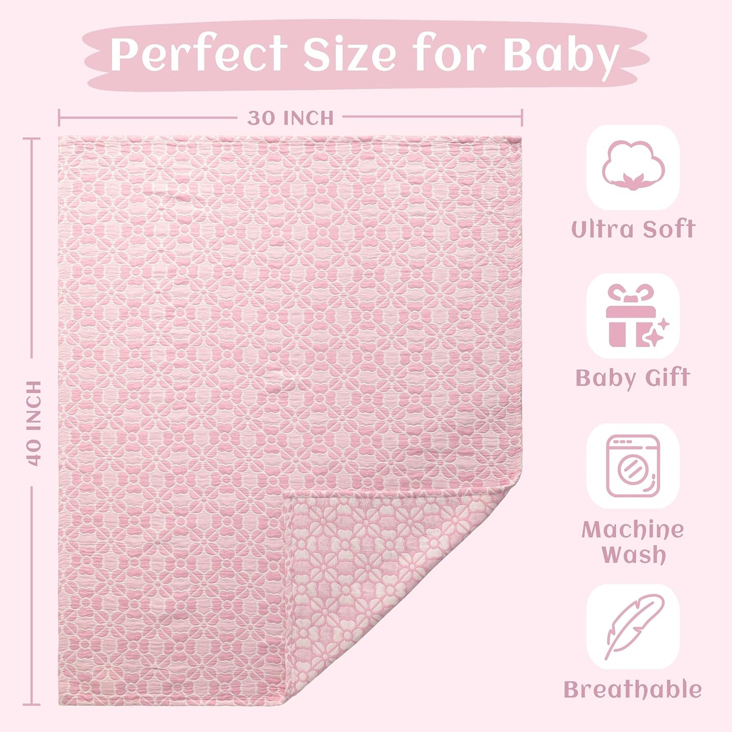 NTBAY 3 Layer Toddler Blanket, Muslin Cotton Jacquard Bed Blankets, Lightweight Thermal Baby Blanket, Super Soft and Warm Crib Blanket for All Seasons, Decoration Gift, 30"x40", Pink Clover
