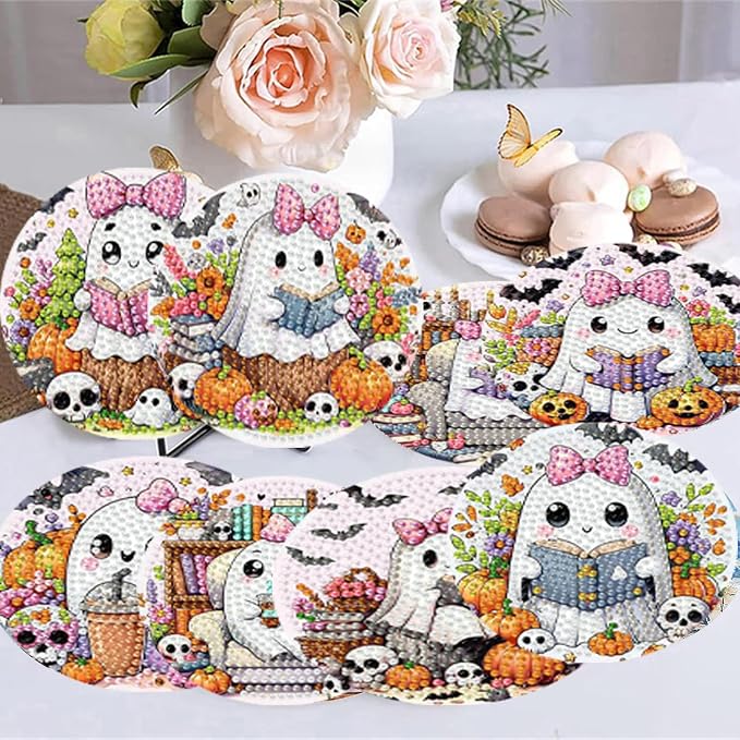 8 Pack Diamond Art Coasters, Halloween Ghost Diamond Painting Coasters Kits |