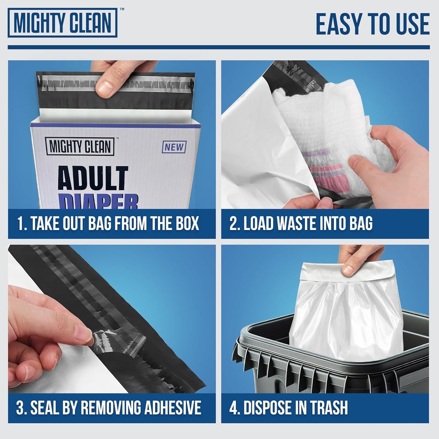 Mighty Clean Extra Large Adult Diaper Disposable Bags - 30 Bags | Leak-Proof, Odor Sealing, Tear Resistant | Discreet for Diapers, Incontinence Pads, Sanitary Product Disposal | Durable and Unscented
