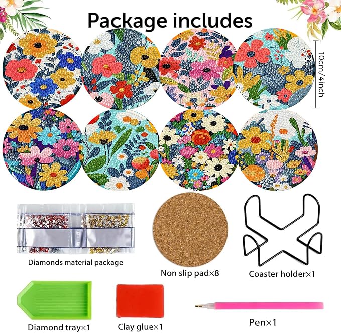 8 Pack Diamond Art Coasters, Wildflowers Diamond Painting Coasters Kits |