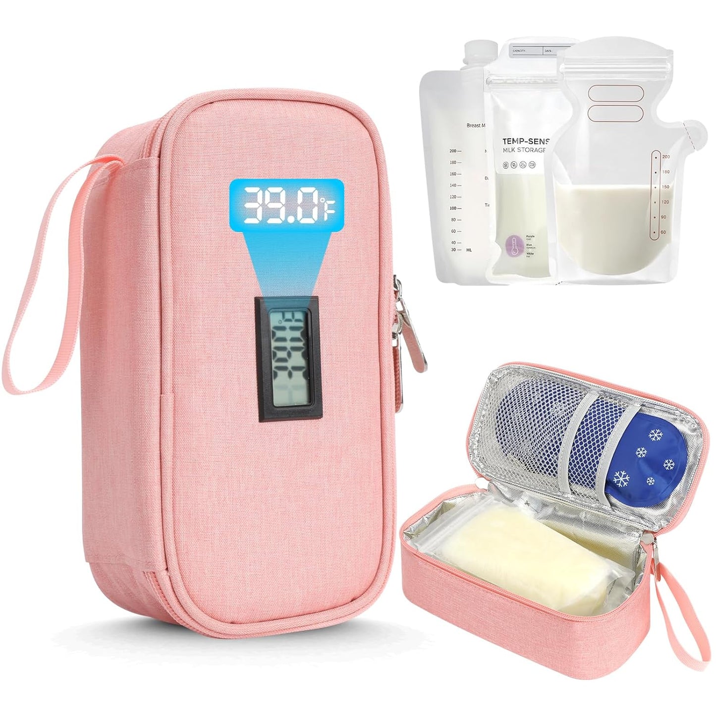 YOUSHARES Breastmilk Cooler Travel Bag with Digital Thermometer, Small Insulated Baby Milk Storage with 2 Ice Packs, Daycare and On-The-Go Moms （Pink）