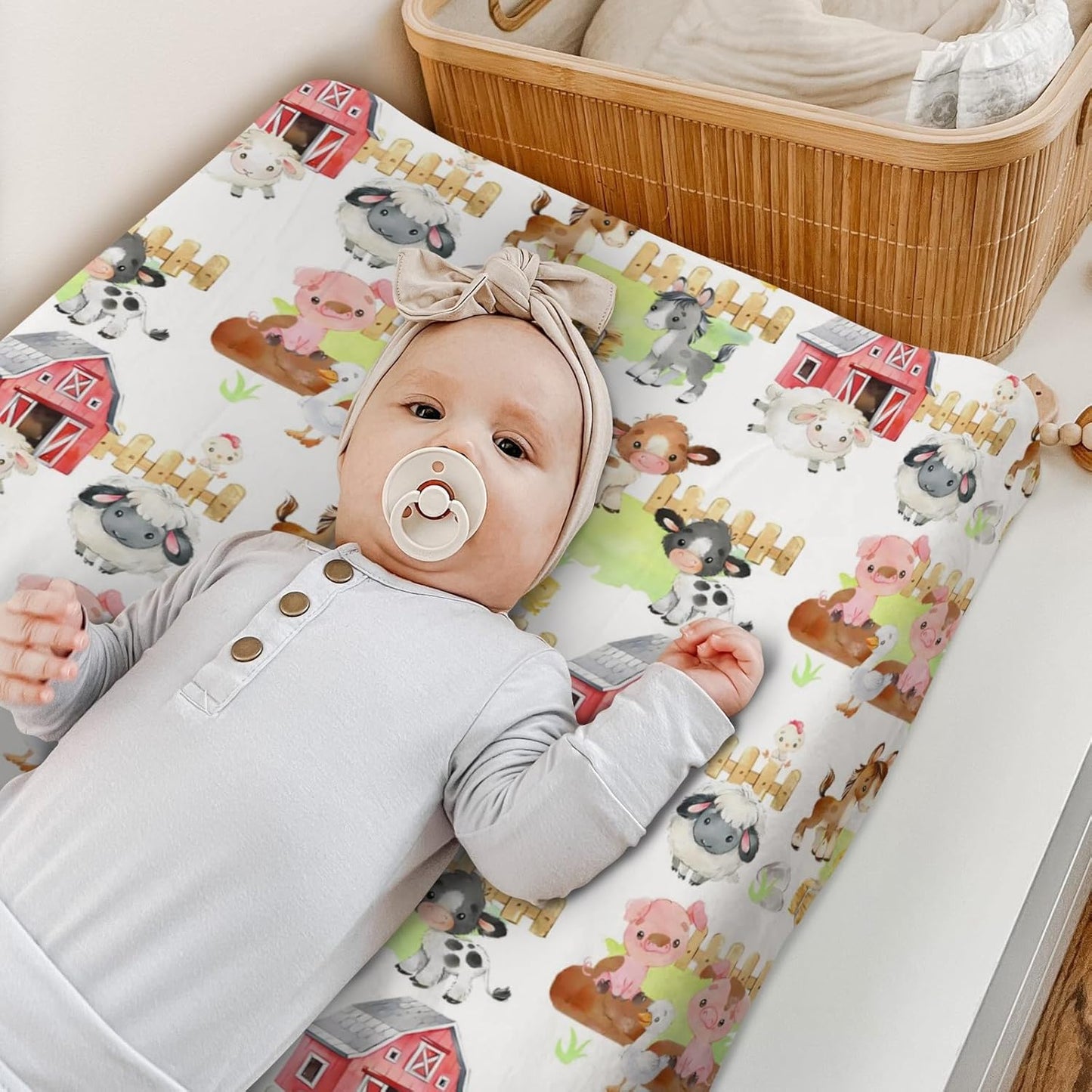 HawSkgFub Farm Animals Life Barn Changing Pad Cover for Baby Girls Boys, Natural Cow Chicken Pig Horse Diaper Change Table Covers, Soft Stretchy Safe Snug Fitted Changing Mat Sheets Fit 32"/34" x 16"