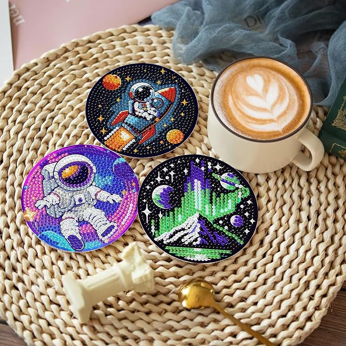 8PCS Outer Space Diamond Art Coasters Kit, Cute Spaceship Diamond Painting