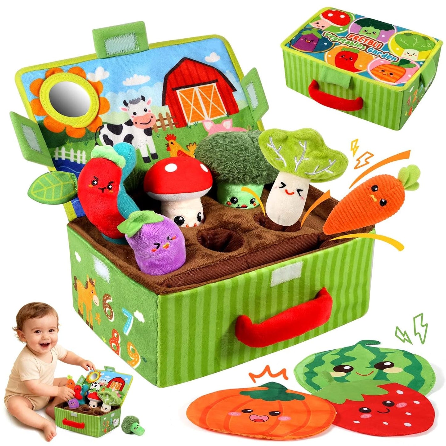 FREYBLI Baby Toys 6-12 Months - Soft Vegetable Garden Plant Plush Toy - 6 Month Old Developmental Toys Gifts, Montessori Sensory Toy for Baby with Rattles, Mirror, Squeaker, Textures, Crinkle Tissues