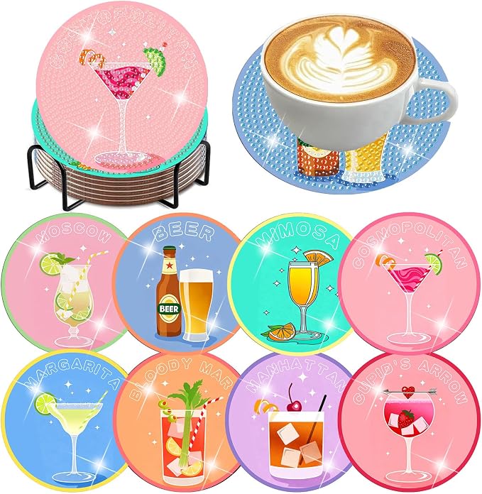 Benjenes 8 PCS Diamond Art Coasters Kits Cocktail Diamond Painting Coaster |