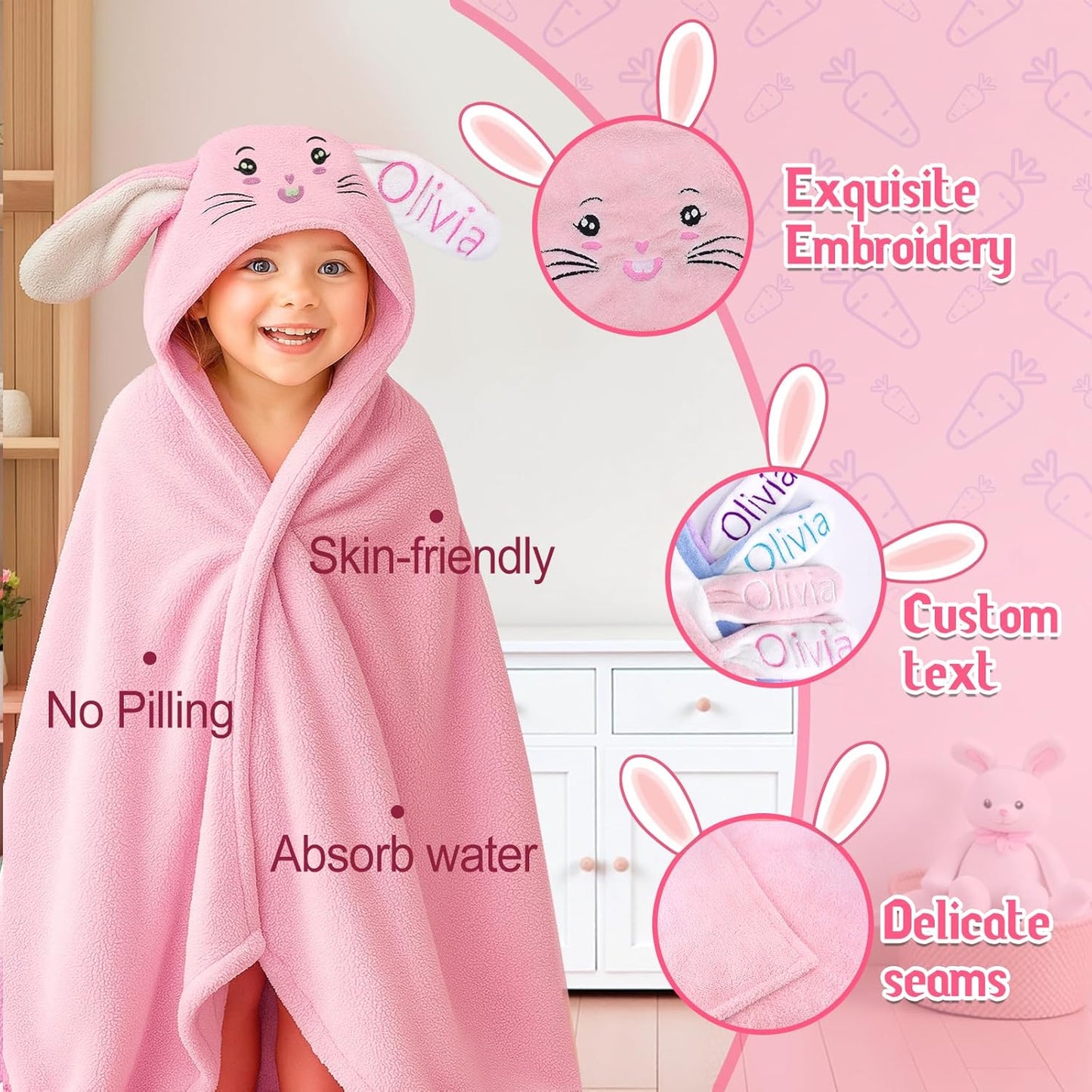 Custom Hooded Bath Towel with Name, Personalized Highly Absorbent Bunny Towels, Baby Bath Towels for Girls Boys, Christmas Brithday Shower Gifts for Baby, Toddler, Newborn (Pink)