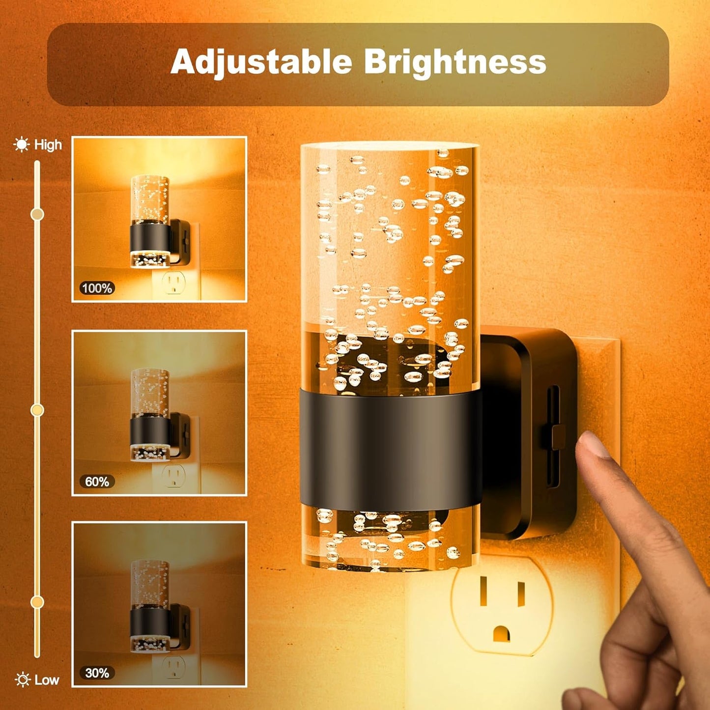 JandCase Night Light, Automatic Night Lights Plug into Wall, 2 Pack Dimmable LED Night Light with Adjustable Brightness, Night Lights Plug in with Auto Light Sensor, Amber for Bathroom Hallway Decor