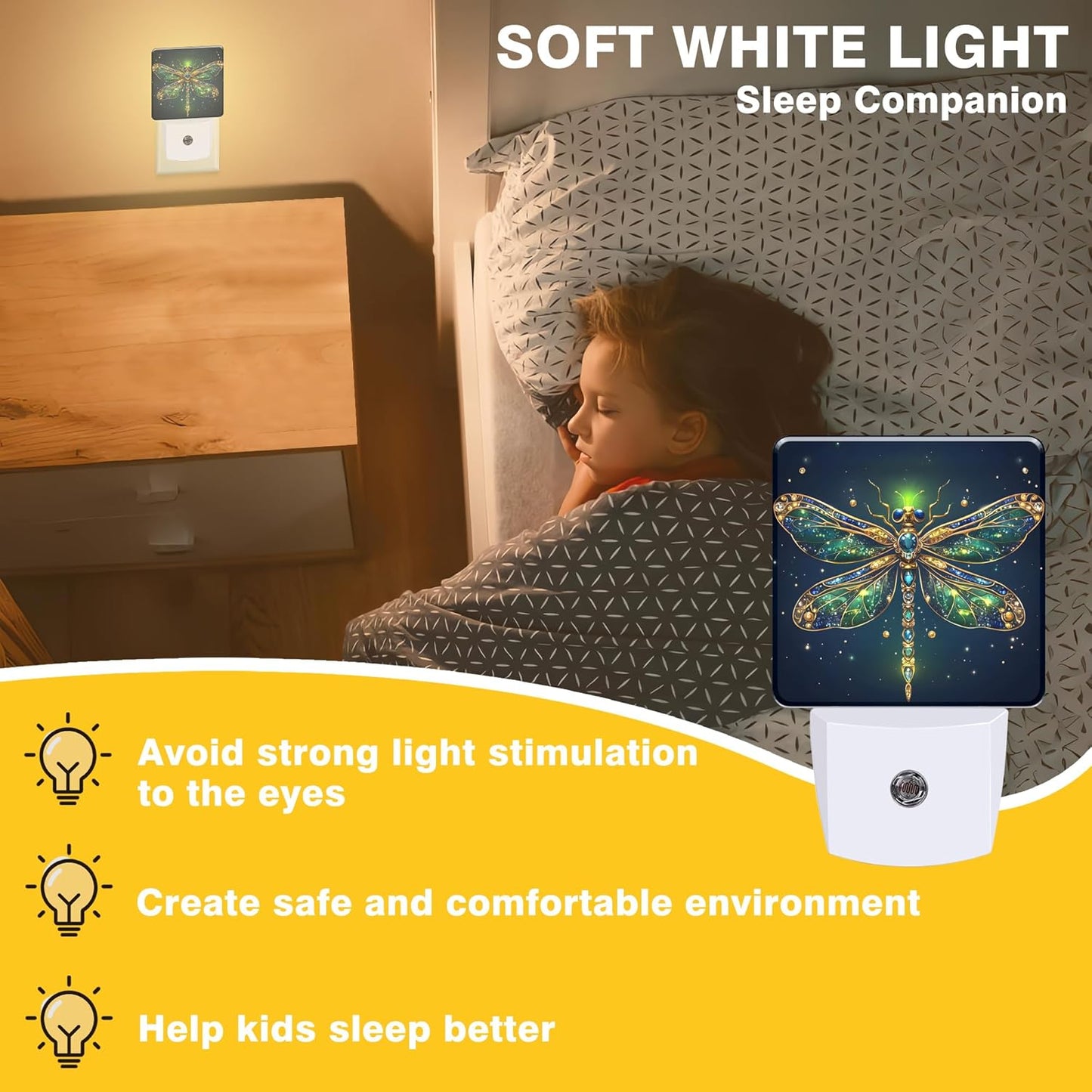 Golden Dragonfly Night Light, Plug-in Nightlight with Dusk to Dawn Auto Sensor for Home Bedroom Hallway Stairway Kitchen 0.5W Sleep Friendly Led Lamp for Women Men
