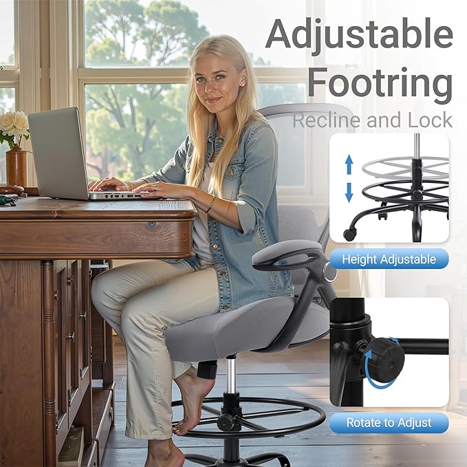 HYLONE 400lbs Heavy Duty Drafting Chair 5" Thickened Seat Office Chair with Flip-Up Armrests Tall Ergonomic Computer Chair with Lumbar Support and Adjustable Footrest Ring Standing Desk Chair(Grey)