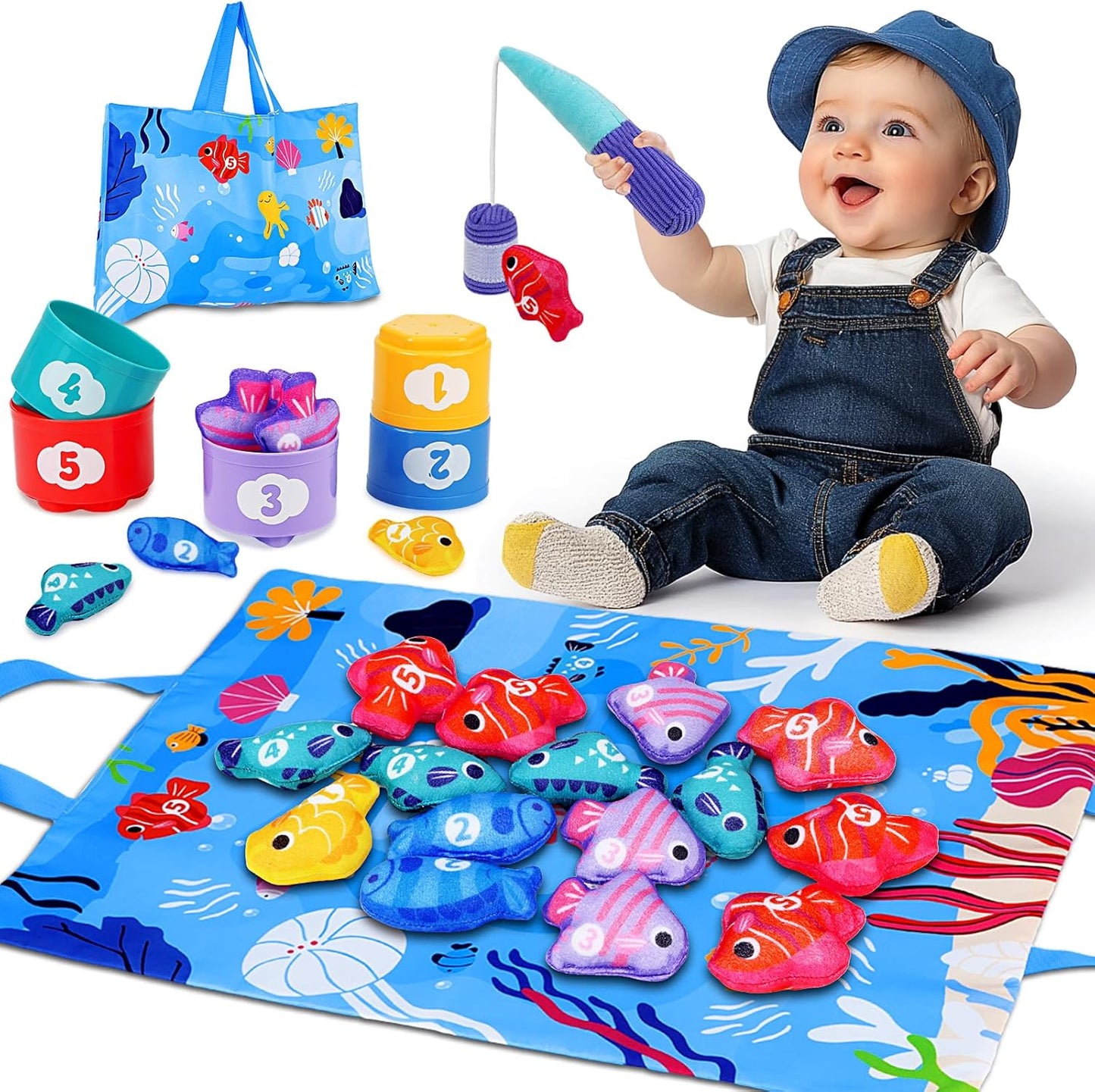Montessori Toys for 1 Year Old - Cloth Fishing Game with Stacking Cups Toddler Toys for One Year Old Boy Girl First Birthday Gift - Sorting Learning Baby Toy 12-18 Months 1 2 Year Old