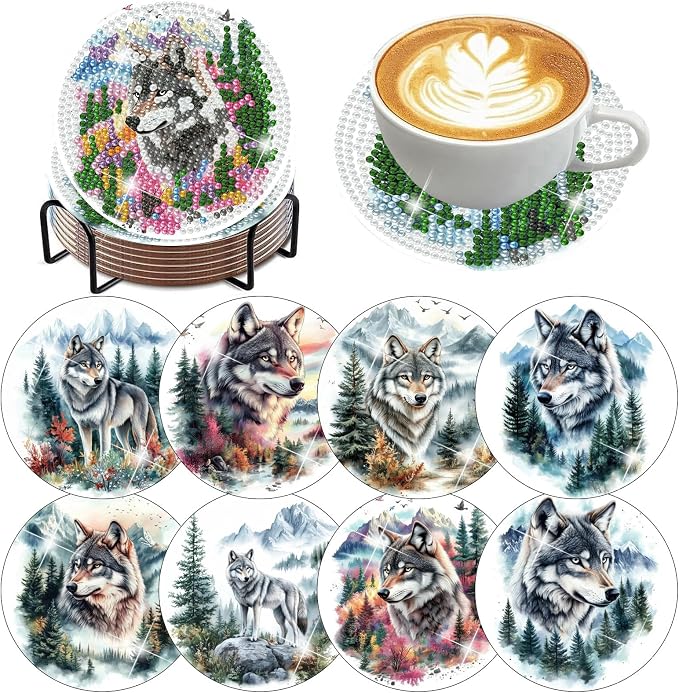 8 Pack Diamond Art Coasters, Wolf Forest animals Diamond Painting Coasters |