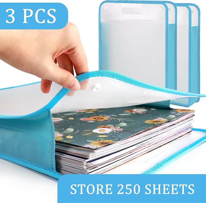 Caydo Scrapbook Paper Storage, 3 Pack Blue Expanding Paper Folio | Clear