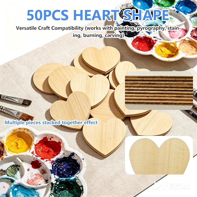 50PCS Wooden Heart, Made of Basswood, 4 Inch Unprocessed Wood Pieces, Natural