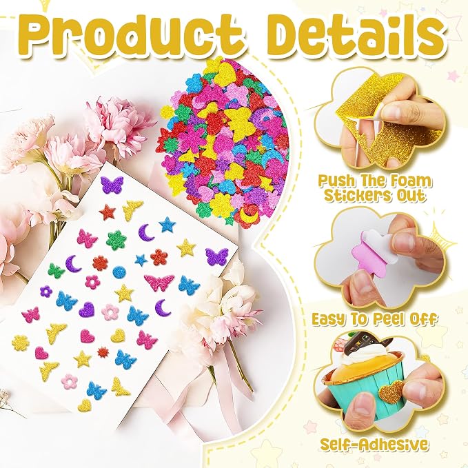 Foam Stickers, 7 Sheets 3D Glitter Foam Flower and Butterfly Shapes Stickers