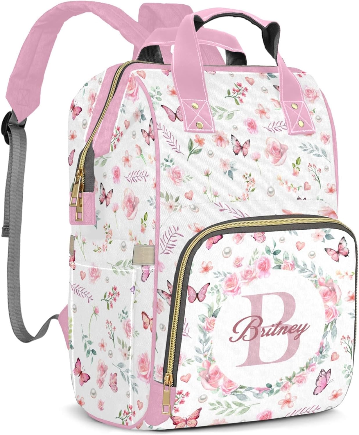 Large Capacity Custom Diaper Bag for Baby Girls with Name, Pink Floral Multifunctional Mom Personalized Diaper Bag Backpack Waterproof Women Customized Daypack Nappy Bag