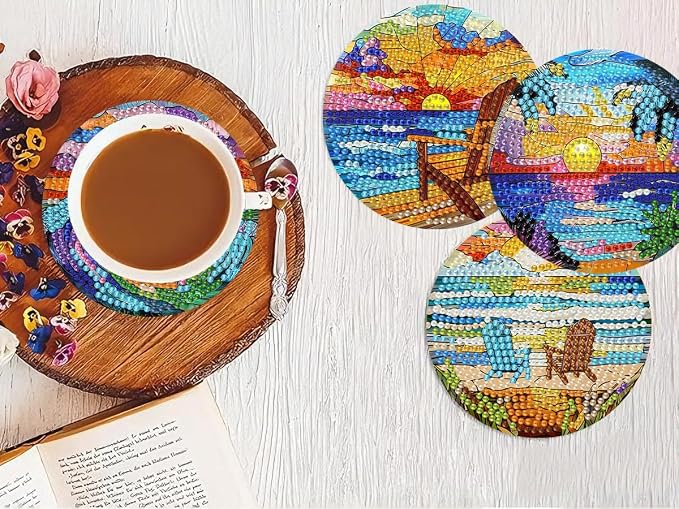 8 PCS Diamond Art Coasters Kits Sunset Beach Diamond Painting Coaster | Diamond