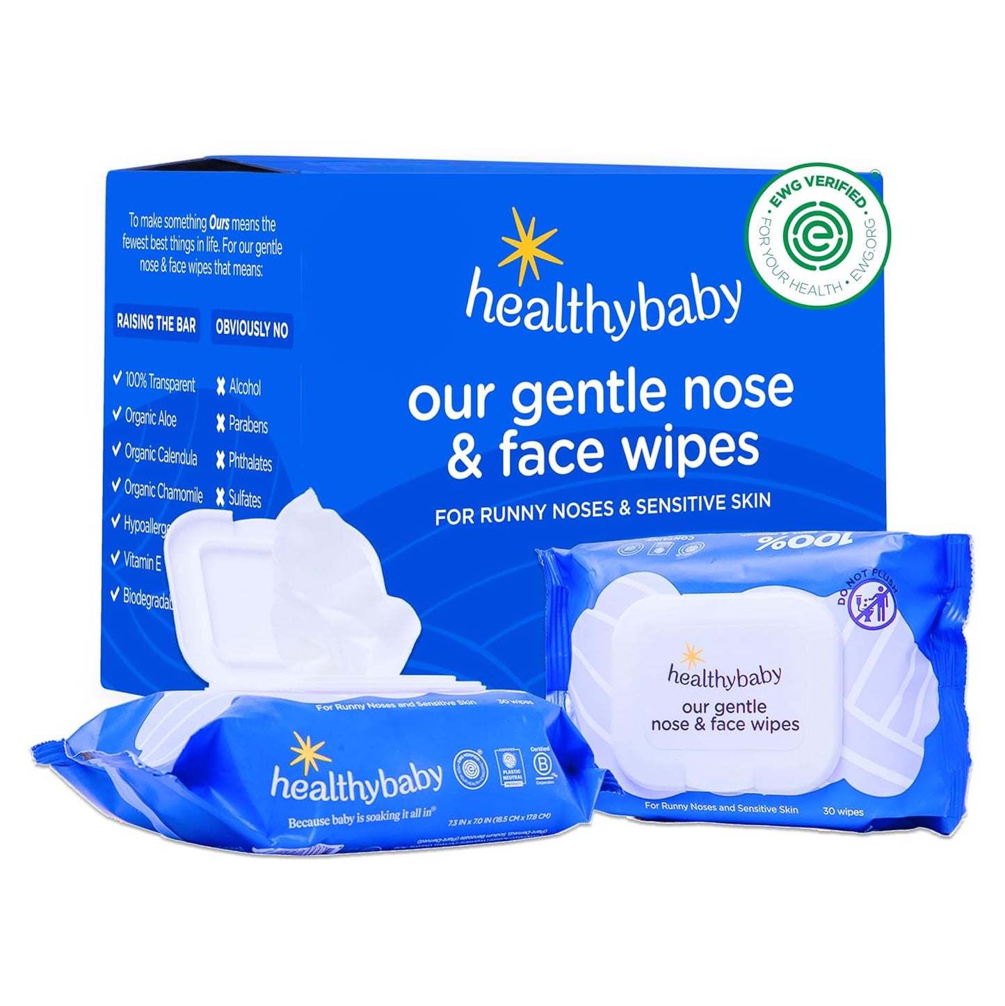 HealthyBaby Our Gentle Nose & Face Wipes | EWG Verified Safe | Soothing for Runny Noses & Sensitive Skin | Plastic-Free, Fragrance Free, Totally Chroline Free (6 boxes, 360 wipes)