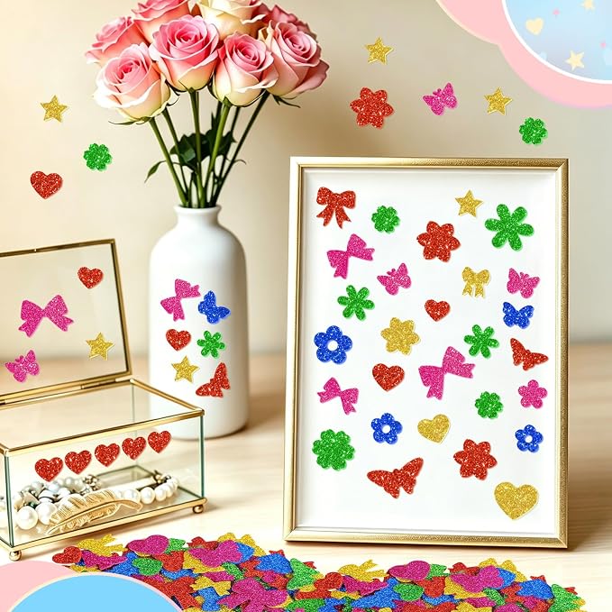 500Pcs Foam Stickers Glitter Colorful Flower Butterfly Bow Shapes Stickers