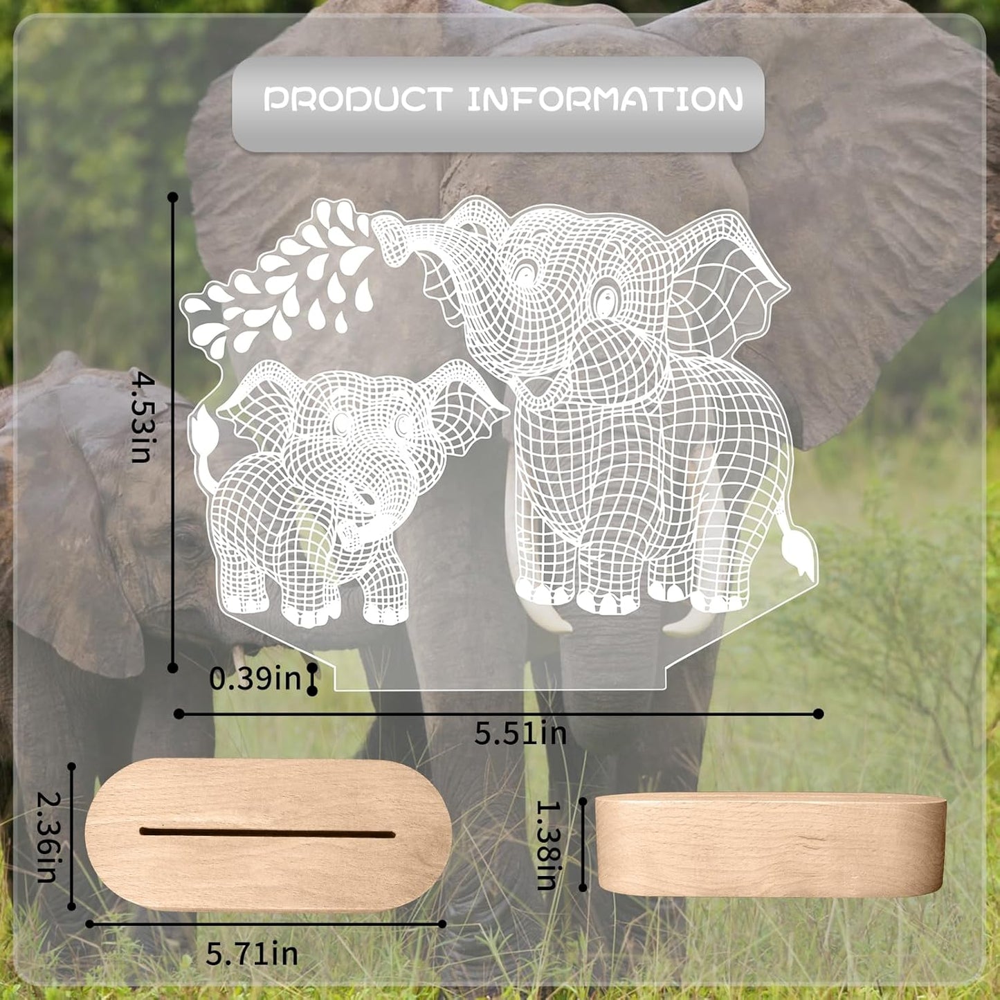 Elephant Shape 3D Crystal Acrylic Light Base with Wood Stand, LED Light for Kids Room Decor, Gift for Mom on Birthday or Holiday, Home Décor Art Display