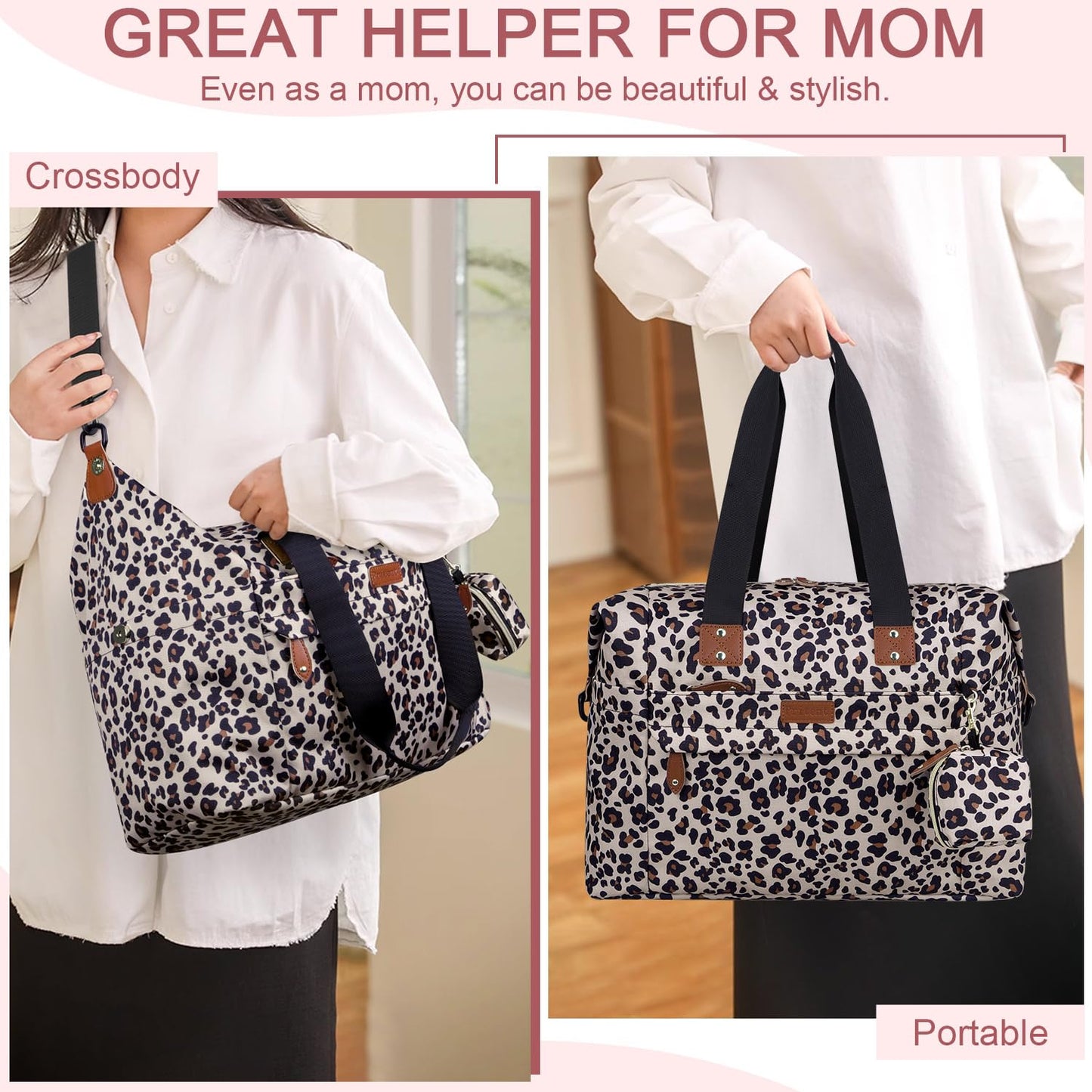 Diaper Bag Tote - Diaper Baby Bags with Pacifier Case, Shoulder Straps, Stroller Clips, Waterproof Large Mommy Maternity Travel Baby Bag for Mom and Dad, Leopard, Medium