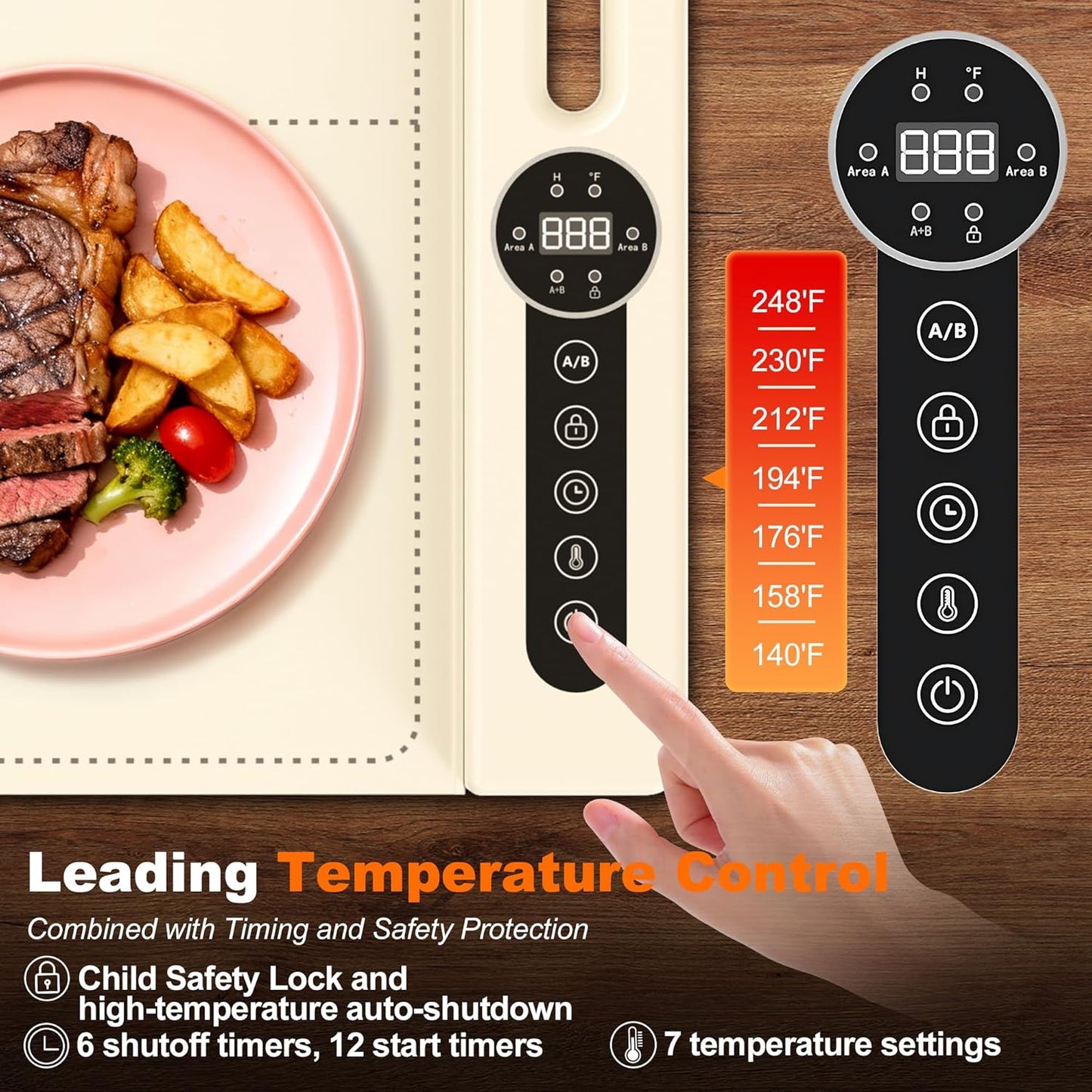 Warming Mat for Food, Roll-UP Fast Heating Silicone with 6 Level Temperature, 2 Zone and 3 Pad Parallel Expansion, Automatic On-Off Timer Setting