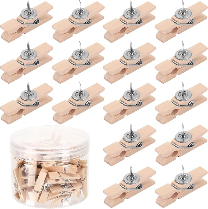 SANNIX 50Pcs Push Pin with Wooden Clips, Push Pins