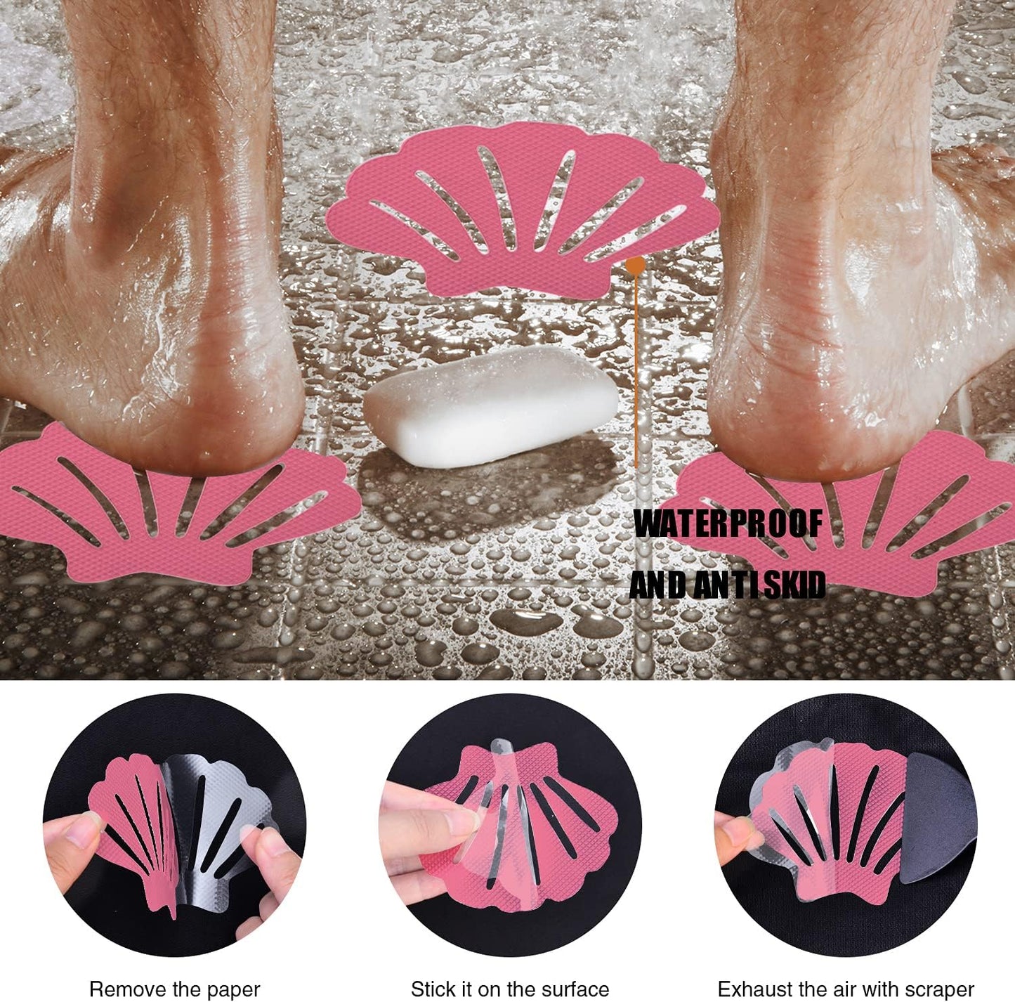 Non-Slip Bathtub Stickers, 24 PCS Shell Safety Bathroom Tubs Showers Treads Adhesive Decals Scraper (Pink)