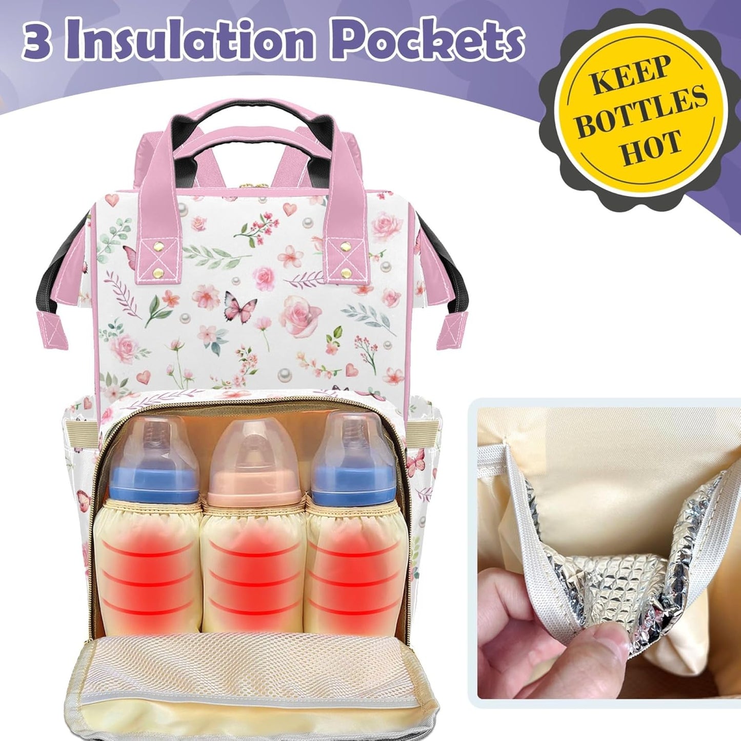 Large Capacity Custom Diaper Bag for Baby Girls with Name, Pink Floral Multifunctional Mom Personalized Diaper Bag Backpack Waterproof Women Customized Daypack Nappy Bag