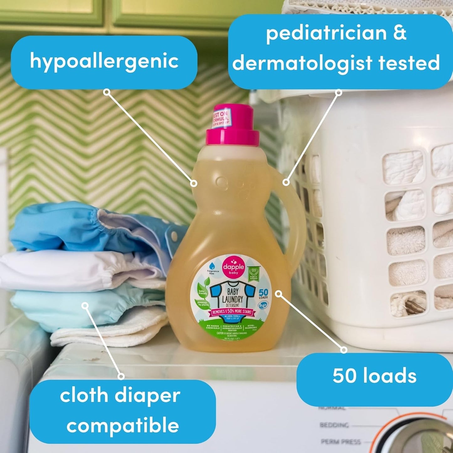Dapple Baby Laundry Detergent, Plant Powered, Hypoallergenic, Fragrance Free, Concentrated, 50 fl oz (Pack of 2)