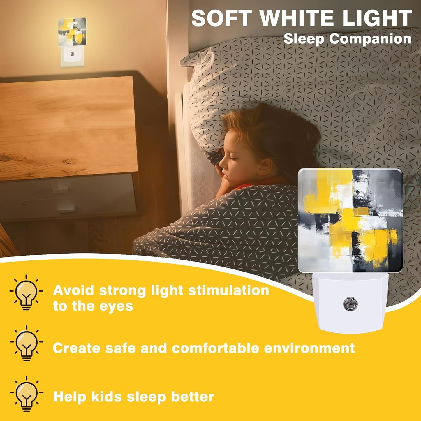 Grey and Yellow Abstract Art Night Light, Plug-in Nightlight with Dusk to Dawn Auto Sensor for Home Bedroom Hallway Kitchen 0.5W Sleep Friendly Led Lamp for Women Men