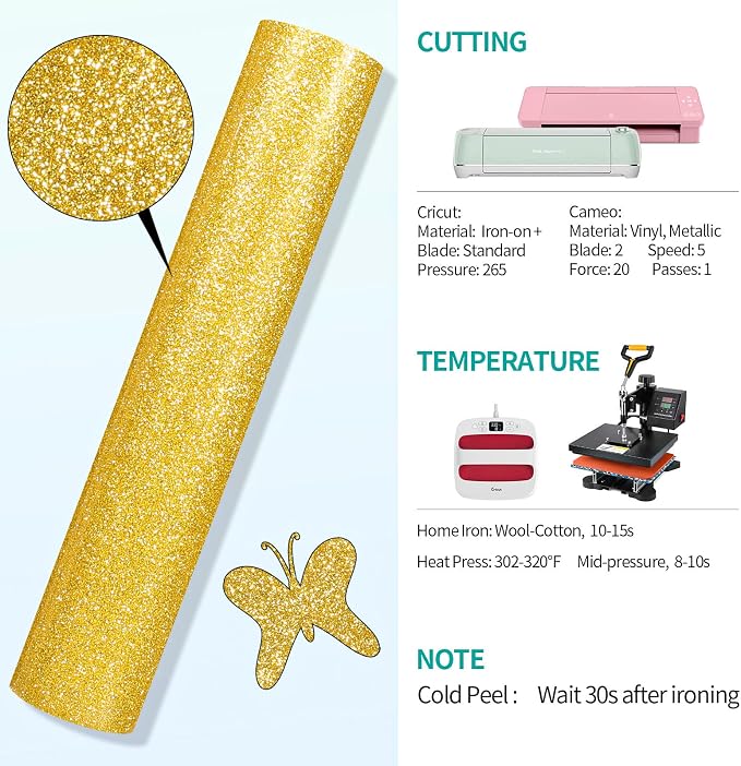 VINYL FROG Glitter HTV Vinyl Heat Transfer Vinyl Roll 12" x 5ft Gold Iron on