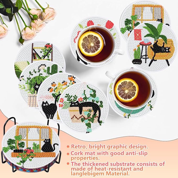 8 PCS Diamond Art Coasters Kits Black Cat Diamond Painting Coaster | Diamond