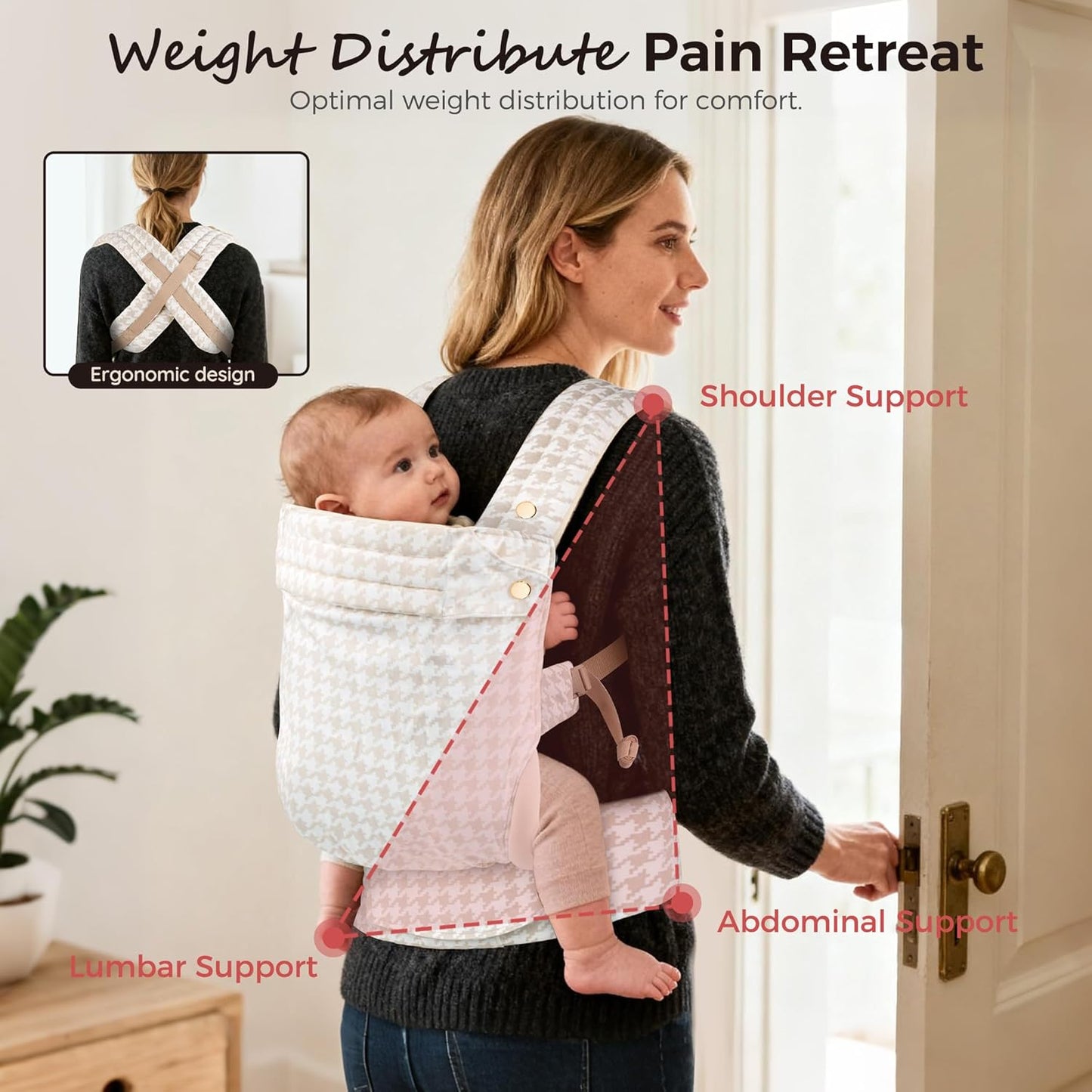 Baby Carrier Newborn to Toddler- Ergonomic,Cozy and Lightweight Infant Carrier for 7-40lbs,3 Carry Positions Newborn Carrier,Black Houndstooth