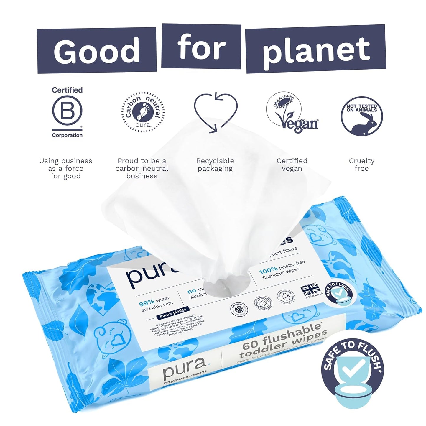 Pura Flushable Toddler Wipes 1 x 60 Wipes, 100% Plastic Free, 99% Water, Hypoallergenic & Fragrance Free, Totally Chlorine Free, Kids Toilet Wipes, Sensitive Skin