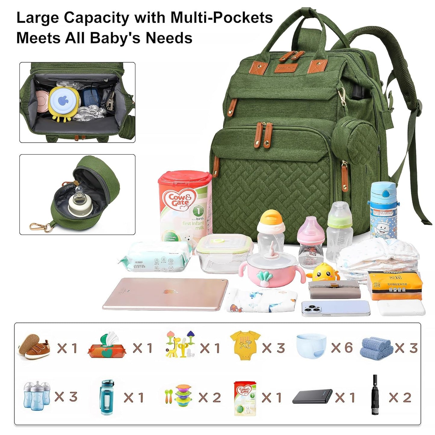 Baby Diaper Bag Backpack Multifunctional Waterproof Diaper Bag with Changing Station Travel Backpack with Changing Pad(Army Green)