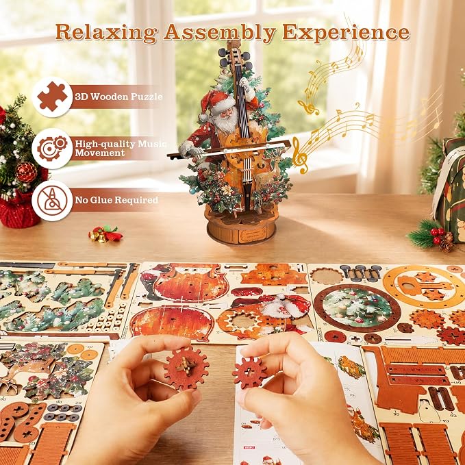 3D Wooden Puzzles for Adults, Christmas Cello Music Box, DIY Cello Model Kit