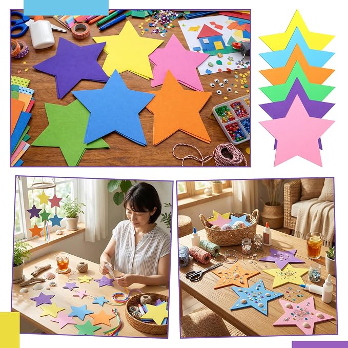 Ireer 48 Pcs Large Star Shaped Foam Cutouts 6 Inch Neon Bulletin Board Decor