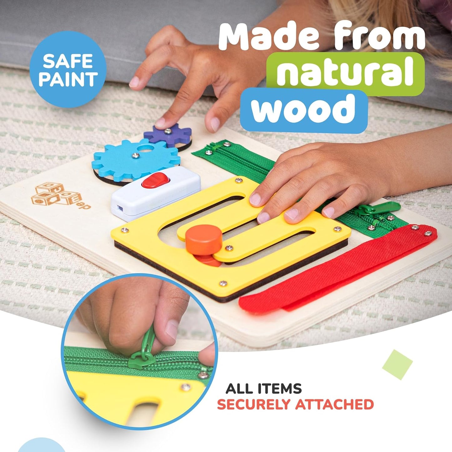 deMoca Sensory Busy Board for Toddlers, Premium Wooden Toddler Busy Board for 1 2 3 Year Old with 10 Educational Activities for Fine Motor Skills, Fidget Activity Toy for Travel Toy (Color)