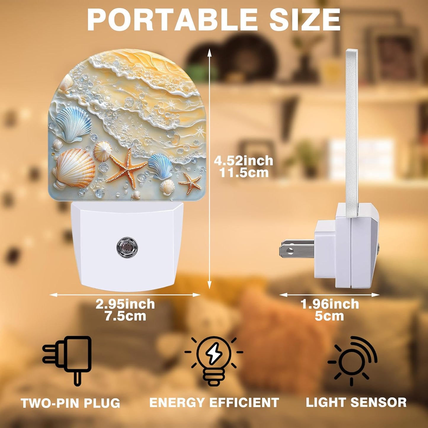 Night Light, Seashells and Seastars on Beach Night Lights Plug into Wall Dusk to Dawn Sensor Round Nightlight for Women Men Energy Efficient Led Lamp 0.5W for Stairway Hallway Bedroom