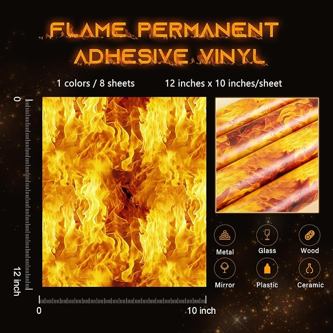 Tintnut Flame Pattern Permanent Vinyl 8 Pcs 12x10in Gold Adhesive Viny |